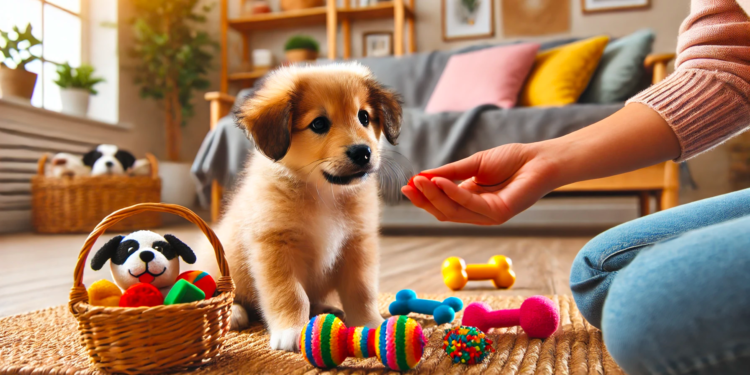 Cucciolo di cane felice in un ambiente domestico accogliente, circondato da giocattoli colorati. Il cucciolo appare curioso e rilassato, mentre un proprietario gentile gli offre una ricompensa. La scena mostra un momento di addestramento positivo, con un cucciolo sano che socializza e gioca, trasmettendo fiducia, felicità e un legame affettuoso tra l'animale e il proprietario.