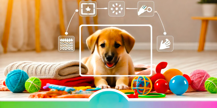 Un cucciolo felice esplora un ambiente sicuro e accogliente, in un contesto ben illuminato e con toni caldi che trasmettono comfort e serenità. L'immagine mostra solo il cucciolo, senza oggetti di distrazione, focalizzandosi sulla sua curiosità e tranquillità.